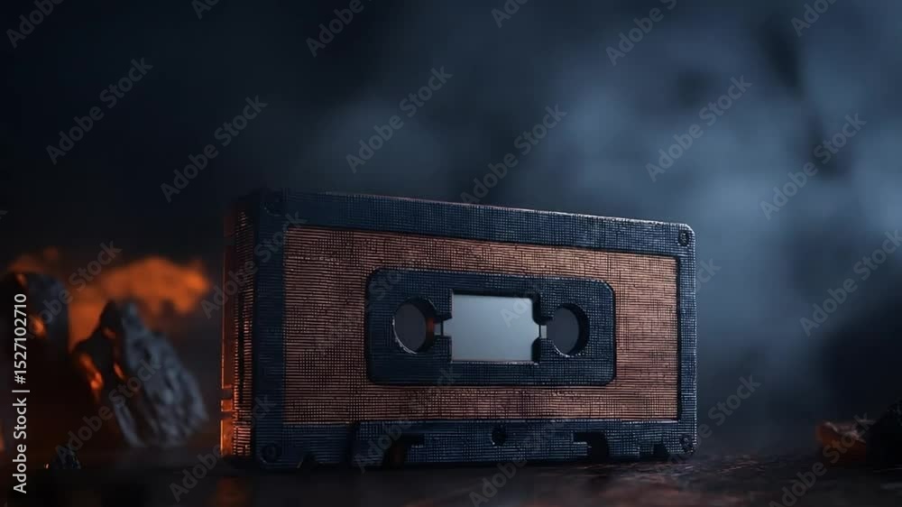 Aged wooden cassette tape in dramatic lighting.  A dark, moody scene with a vintage cassette tape crafted from wood, placed on a dark surface, against a 