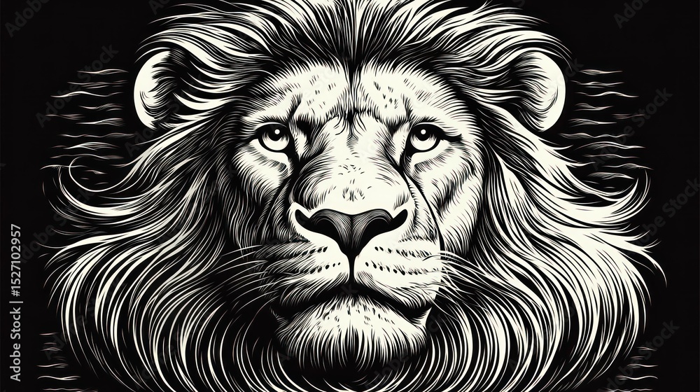 Fototapeta premium Majestic Lion Portrait in Black and White Engraving Style Illustration