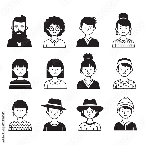 Set of diverse people icons: black and white, simple line art style. Different hairstyles, clothing, and accessories. 12 distinct individuals.