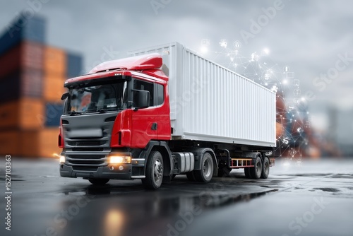 A striking red logistics truck is seen maneuvering through a busy port area, carrying a large shipping container. The scene captures the essence of modern freight transportation amidst gray skies.