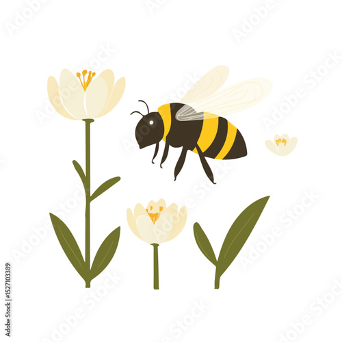 Bee Hovering Spring Garden vector 2D flat illustration, isolated on a white background.