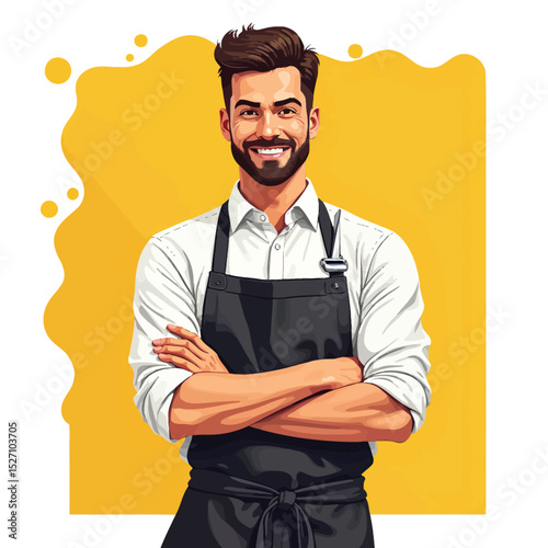 Portrait of smiling barista wearing apron professional cafe worker in coffee shop concept art style