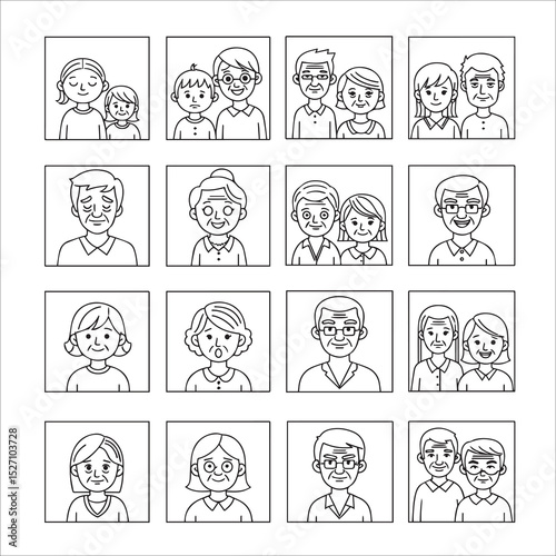 Line art icons showcasing people of varying ages, from children to senior citizens. Portraits in squares depict individuals and couples, simplified drawing style.
