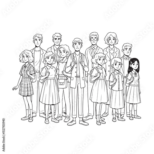 A group of people, including students and adults, standing together. They appear to be a school class or similar group, rendered in a clean, line art style.