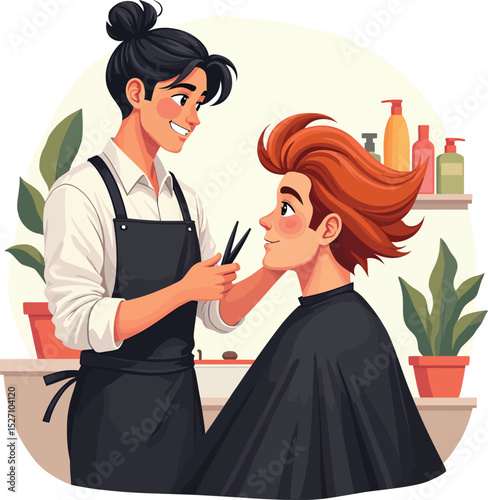 Haircut service at the salon: professional barber cutting hair for a happy client illustration art