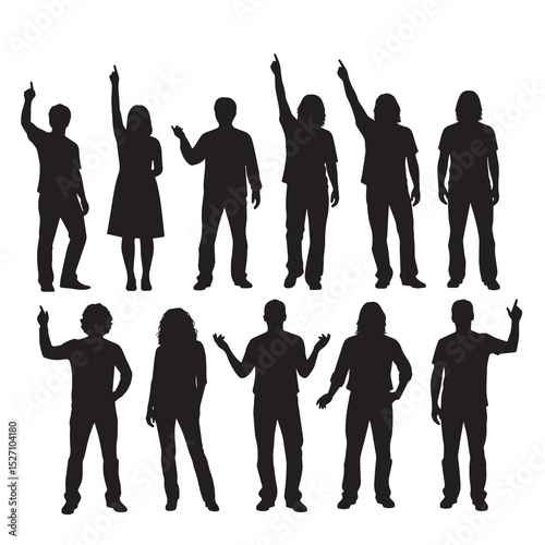 Silhouette illustrations of ten diverse people. Some point upwards, others have their arms open. Poses suggest attention or presentation.