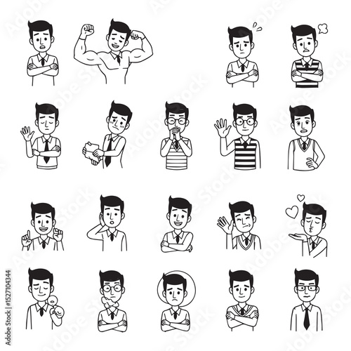 Set of cartoon man characters with different poses and expressions. Black and white line art style. Various emotions & body language.