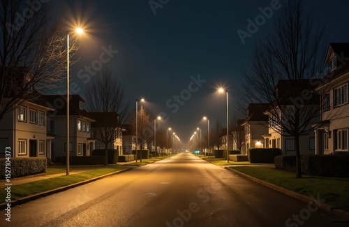 Evening view of Bronderslev Denmark. Residential street at night with illuminated streetlights. Modern houses, bare trees. Empty road in suburban area.
