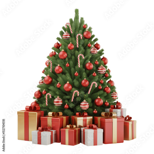 Decorated christmas tree with red ornaments and gifts 3d gold xmas year on transparent background
