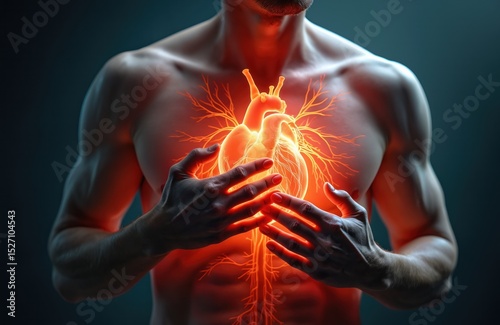 Man clutching chest, feeling pain, heart illuminated, concept of cardiovascular disease. Illustration heart attack, myocardial infarction, chest pain, health problem. Medical visualization, artery,