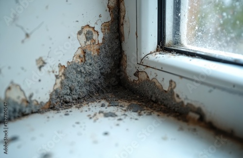 Close-up shows mold in corner of plastic window frame. Fungal growth, moisture damage, unhygienic conditions, black stained wall. Toxic spores, health hazard, home renovation repair.