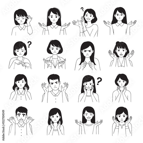 Collection of line art illustrations depicting various facial expressions of young people, showing emotions like confusion, sadness, anger, and uncertainty.