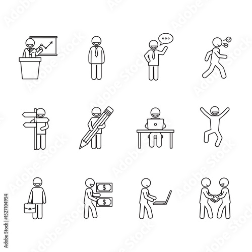 Line art icons depicting various business activities, from presentations and brainstorming to teamwork and financial transactions, shown through stick figures.
