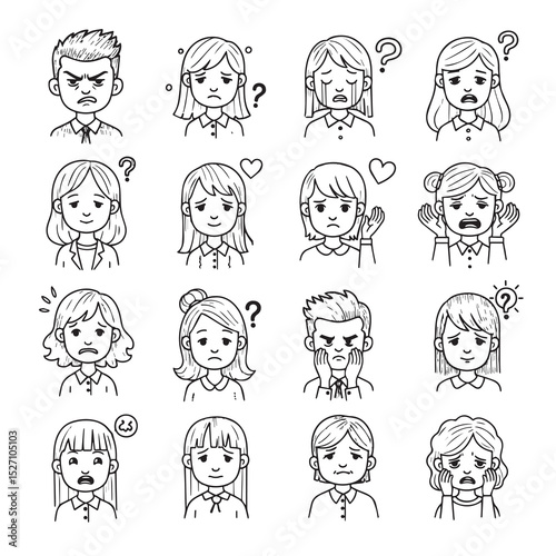 Line art illustrations showing different facial expressions, including anger, sadness, confusion, love, and worry.