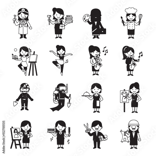 A set of 16 simple, black and white cartoon illustrations of various professionals (mostly female) performing their jobs.