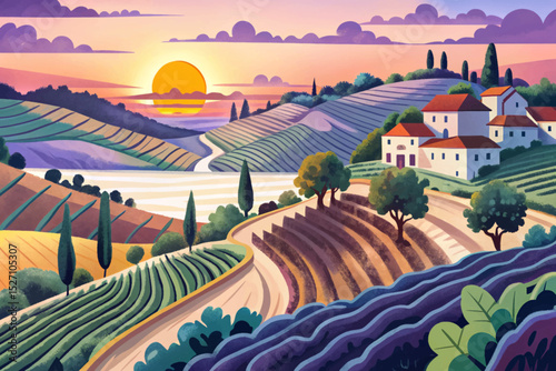 Vector illustration of a terraced vineyard on sunset hills ideal for wine labels, rural tourism themes, landscape posters, and rustic branding projects