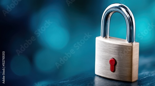 A metallic padlock is positioned on a dark wooden surface against a softly blurred blue background.