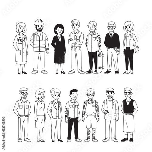 Line drawing of diverse people in different professions and outfits. Depicts various ages, genders, and styles. All are standing.