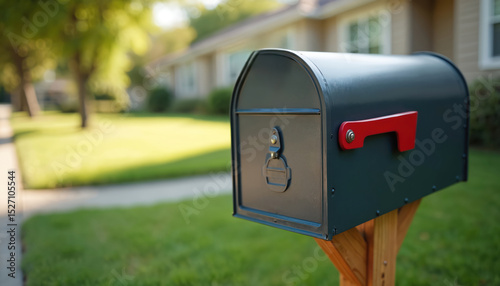Fototapeta Naklejka Na Ścianę i Meble -  Mailbox stands sunny suburban neighborhood. Red flag up, potential mail delivery. Retirement, finance, personal security, financial check waiting. Home, residential area. Community peaceful living.
