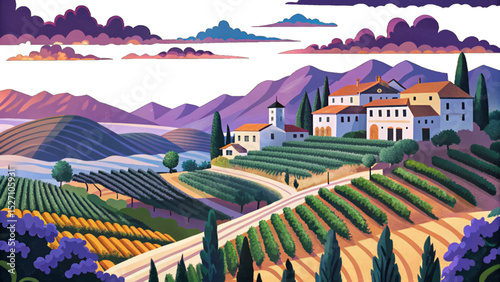 Vector illustration of a terraced vineyard on sunset hills ideal for wine labels, rural tourism themes, landscape posters, and rustic branding projects
