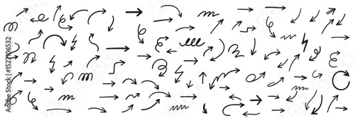 Curved, Zigzag and Spiral Arrows Doodle Set in Sketchy Hand Drawn Style – Black Vector Symbols for Directions, UX/UI Interfaces, School Presentations, and Marketing Graphics