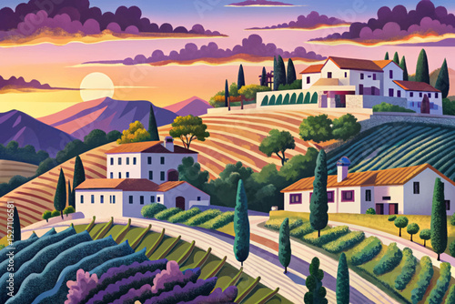 Vector illustration of a terraced vineyard on sunset hills ideal for wine labels, rural tourism themes, landscape posters, and rustic branding projects