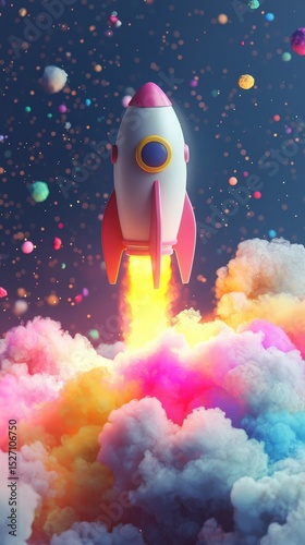 Colorful Rocket Launching into a Rainbow Cloud