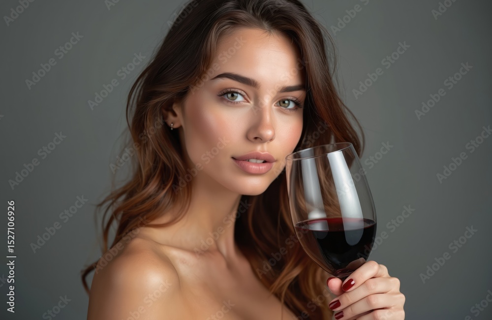Beautiful young woman holding glass red wine. Attractive female with glass alcohol on gray background. Celebrate birthday, festive party, event, dating. Romantic, luxury, celebration, enjoying. Beautiful young woman holding glass red wine. Attractive female with glass alcohol on gray background. Celebrate birthday, festive party, event, dating. Romantic, luxury, celebration, enjoying.
