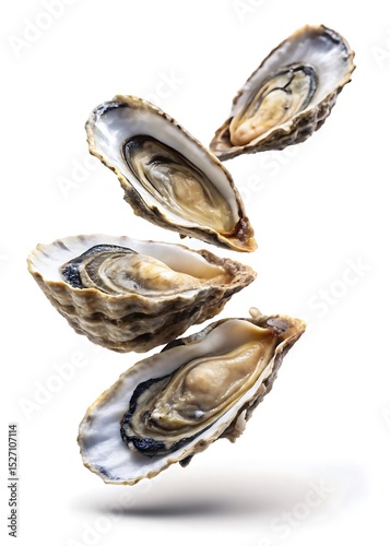Floating Fresh Oysters on a Clean White Background Showcasing Shells