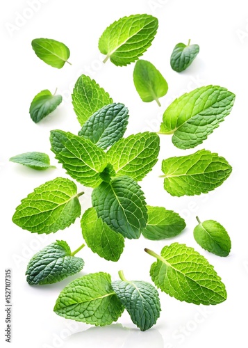 Fresh and vibrant mint leaves floating in an artistic arrangement