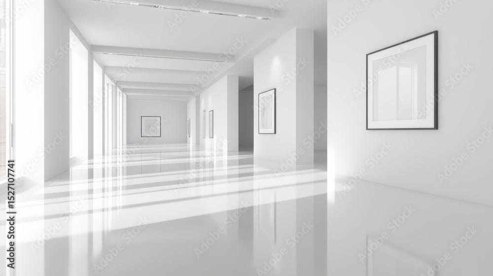Obraz premium Minimalist white hallway with glossy floor, sunlight, and framed artwork.