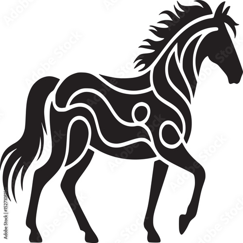 Stylized black horse silhouette with decorative white lines on a beige background image art