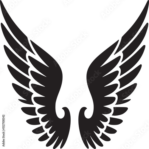 Black silhouette of two wings spread out symmetrically on a white background in a minimalist style