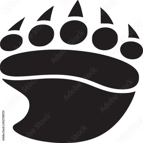 Isolated black silhouette of a bear paw print with sharp claws on a plain white background design element