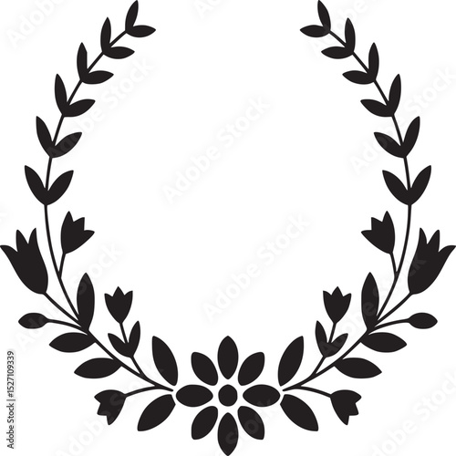 Black floral wreath with leaves and flowers forming a semi circle on a white background vector illustration