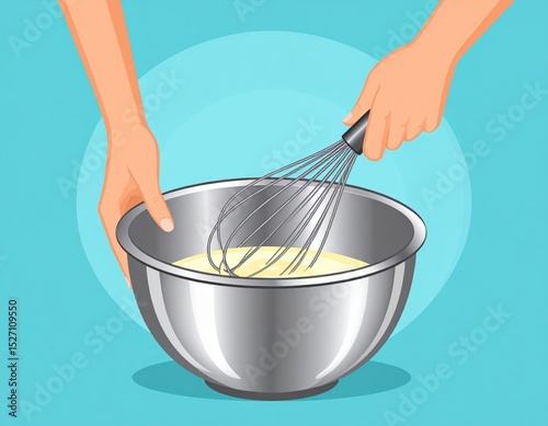 Hands Mixing Ingredients In Metal Bowl With Whisk