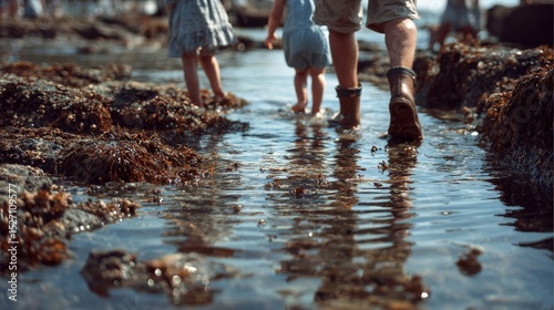 Energetic group of friends walking together through shallow water enjoying a fun day outdoors in the sun