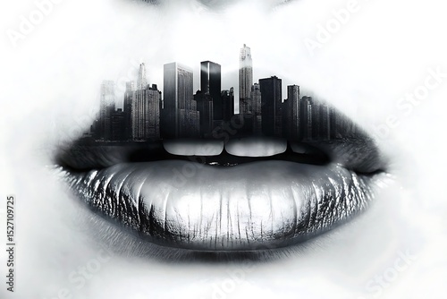A monochrome image of lips with a city skyline superimposed on top of the lips