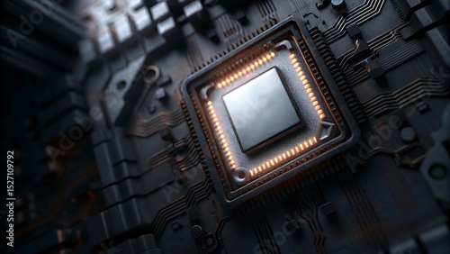 Close up view of a dark gray computer chip with orange lights around the edge