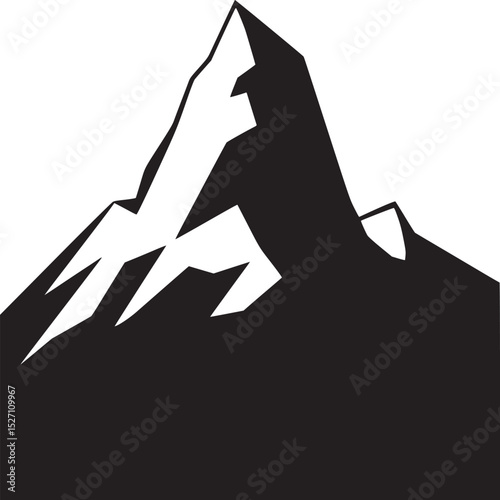 A stylized graphic of a mountain peak with snow against a light blue colored sky background view