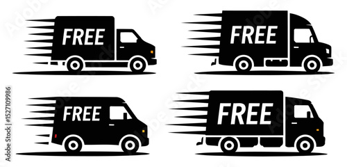 Set of Fast Delivery Trucks Icons with FREE Shipping Text and Speed Motion Lines on Transparent Background for E-commerce Graphics