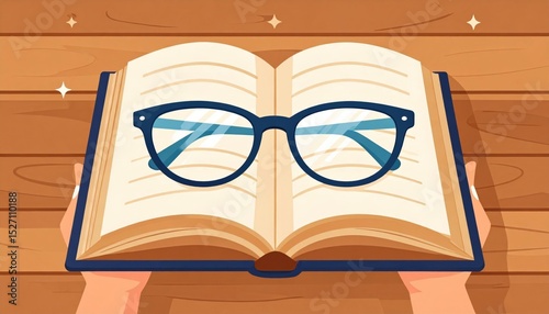 Open Book With Glasses On Wooden Table