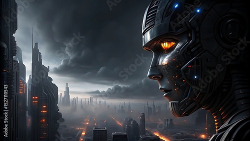 Metallic robot overlooking a futuristic city under a stormy and cloudy sky view