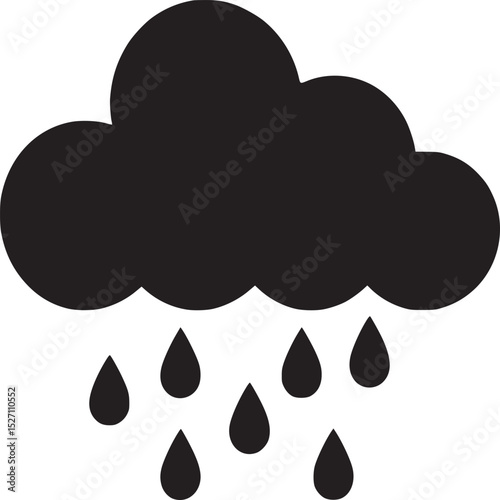 A simple black silhouette of a cloud with raindrops falling from it on a white background image style
