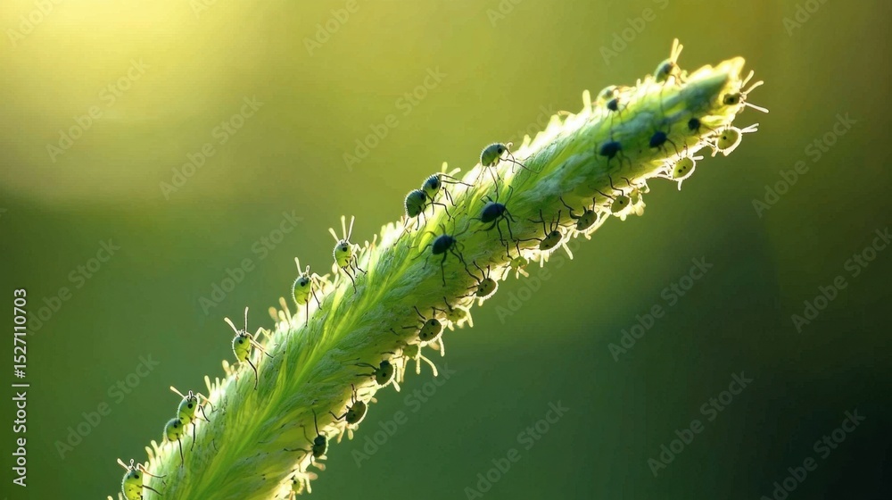 Naklejka premium Close-Up of Green Stem Infested with Tiny Black Insects in Nature