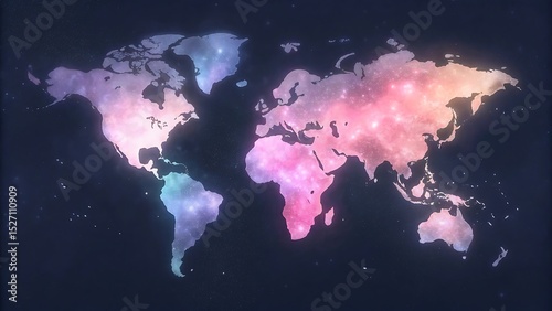 World map with nebula effect showing continents in pink blue and purple colors