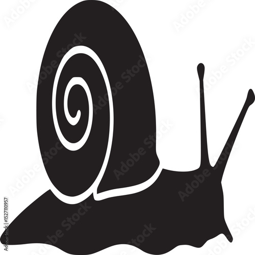 A silhouette of a snail with a spiral shell and two antennas on a white background is displayed here