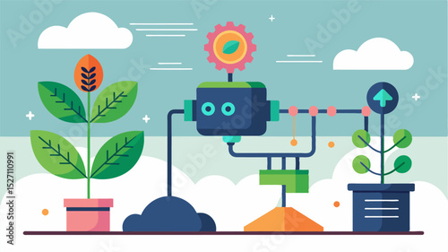 An AI system uses machine learning to continuously adjust and optimize fertilization levels based on the changing needs of the soil and plants.. Vector illustration