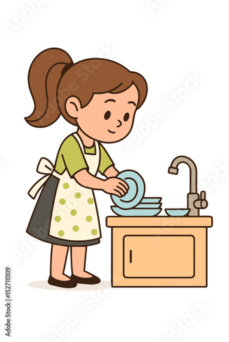Cute girl washing dishes at kitchen sink, flat cartoon vector illustration of child doing household chores 