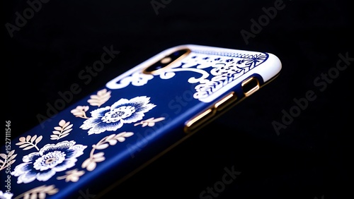 Close up of a blue phone case with white floral design on a black background